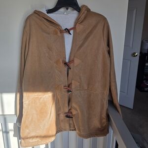 Tan Faux Suede And Sherpa Toggle Coat with Hood Size Large